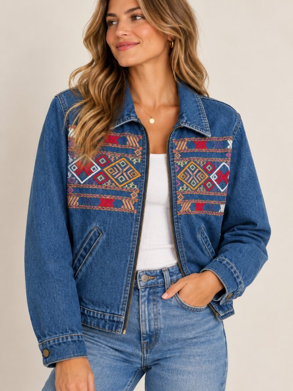 Embroidered Denim Jacket Southwestern Aztec Vintage 100% Cotton | Size Large